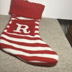 Red & White Striped Holiday Stocking with R Monogram